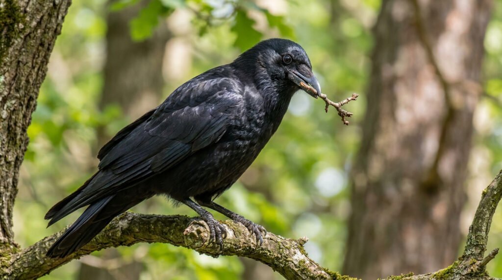 Un corbeau noir perché sur une branche tenant une petite brindille dans son bec dans une forêt.