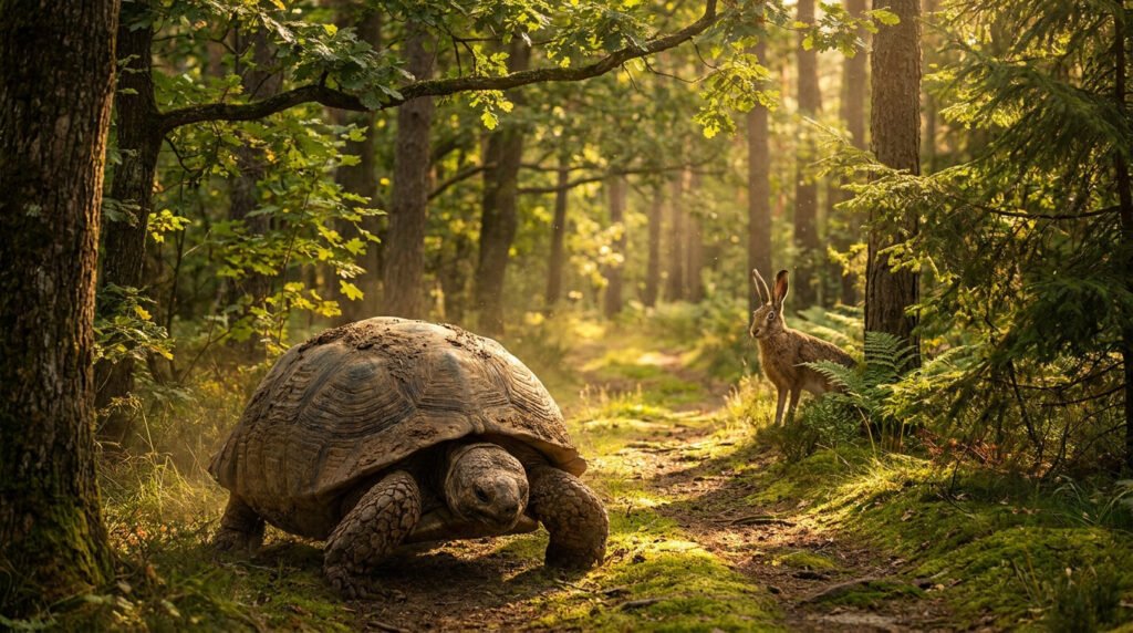 Une tortue marche sur un sentier forestier tandis qu'un lièvre l'observe sous une lumière dorée.