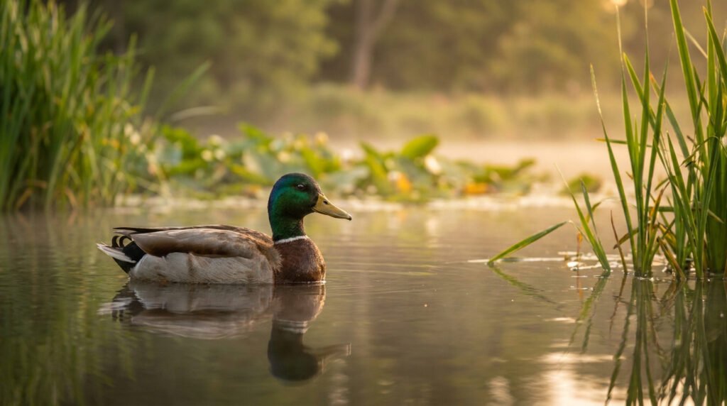 Un canard colvert mâle nage calmement sur une eau calme entourée de roseaux sous une lumière dorée.