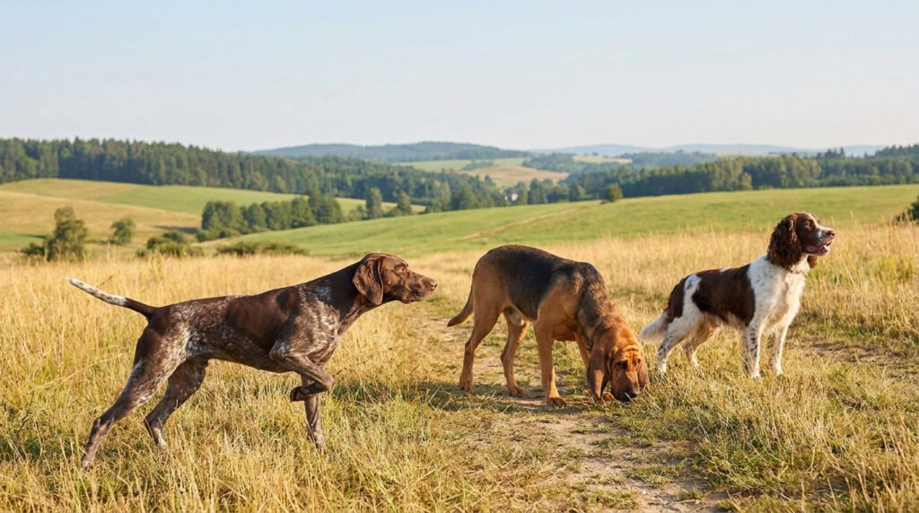 Trois chiens de races différentes évoluent dans un champ par une journée ensoleillée.