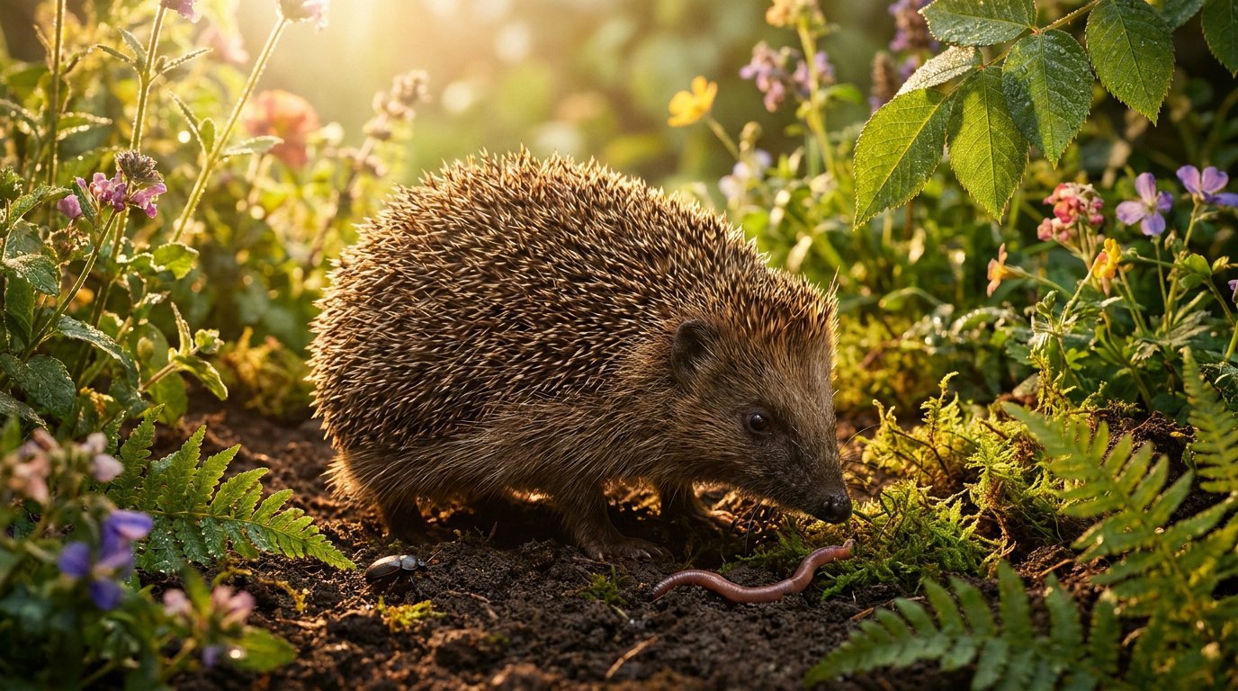 Un hérisson sauvage explorant un jardin fleuri au lever du soleil, avec un ver de terre au premier plan.