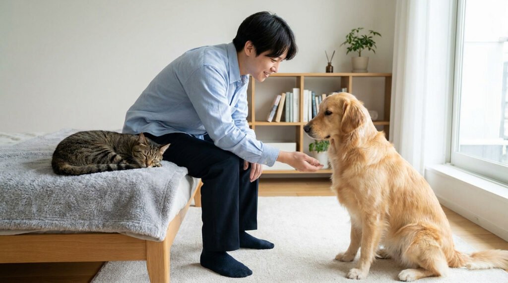 Un homme souriant interagit avec un Golden Retriever tandis qu'un chat dort paisiblement sur le lit à côté de lui.