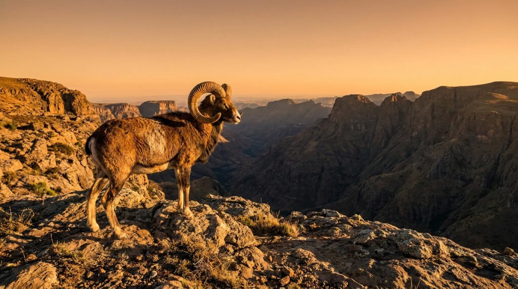 Un mouflon majestueux aux cornes incurvées debout sur une falaise rocheuse au coucher du soleil dans les montagnes.