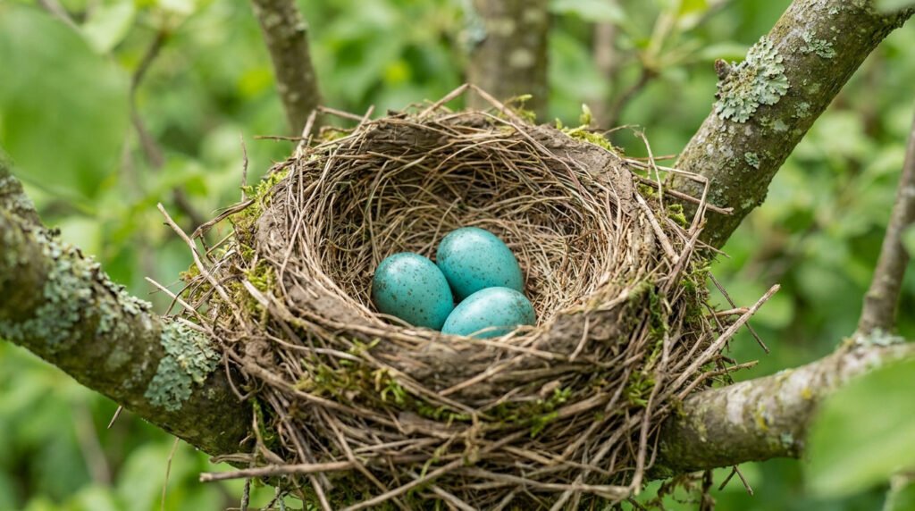 Trois œufs bleu clair tachetés de brun reposant dans un nid d'oiseau tissé de brindilles et niché dans un arbre.