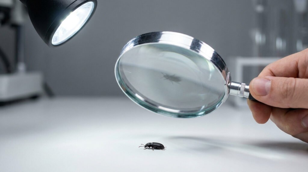 Une main utilisant une loupe pour examiner un petit insecte noir sous une lampe de bureau.