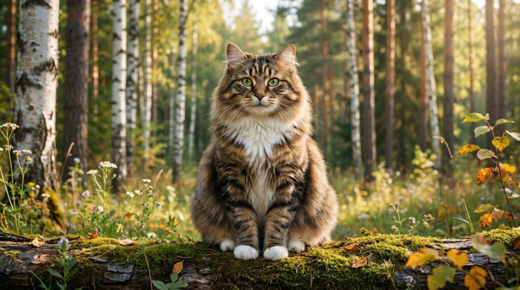 Chat sibérien au pelage tigré assis sur un tronc moussu dans une forêt de bouleaux éclairée par la lumière du soleil.